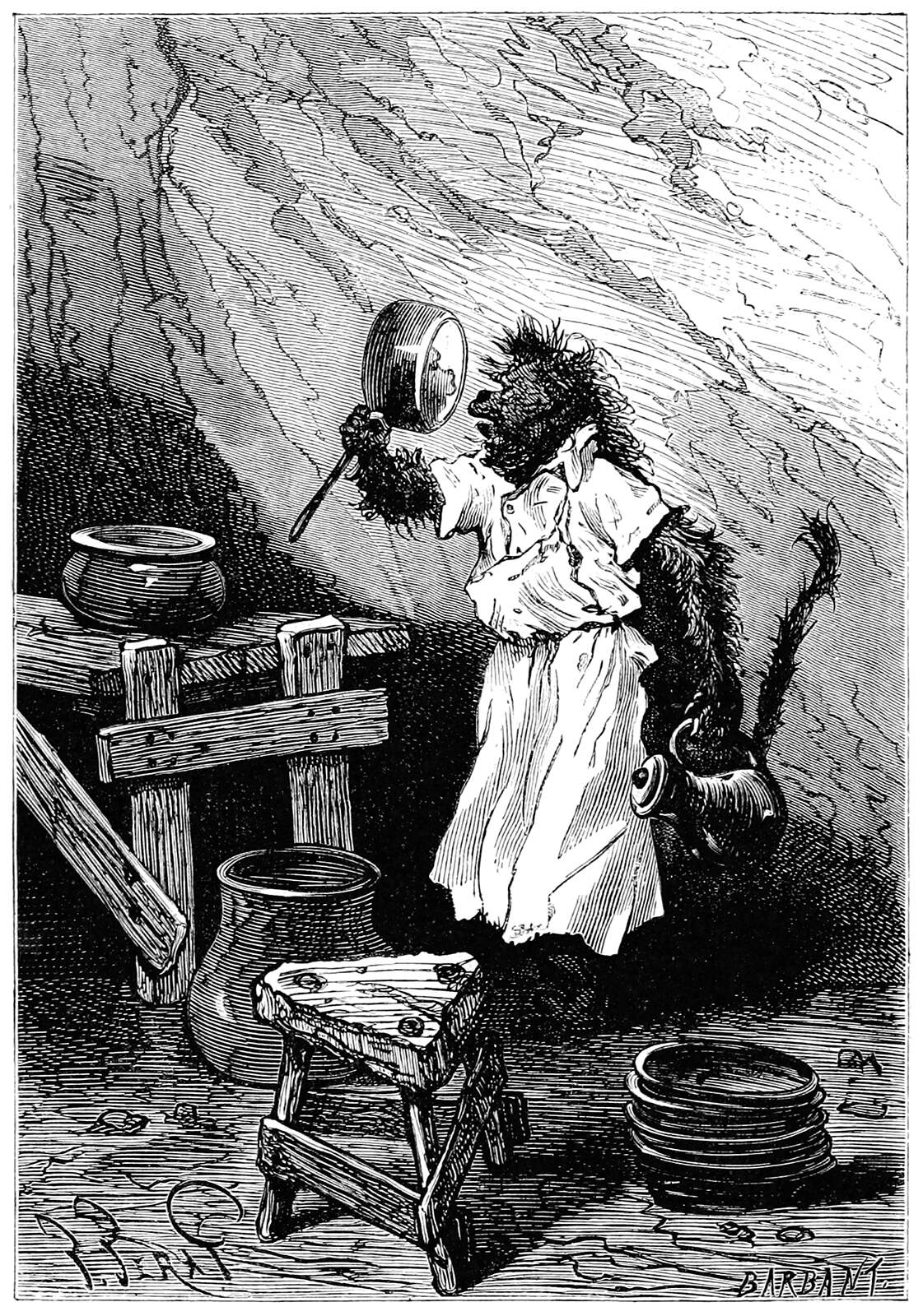 drawing of a primate in the kitchen